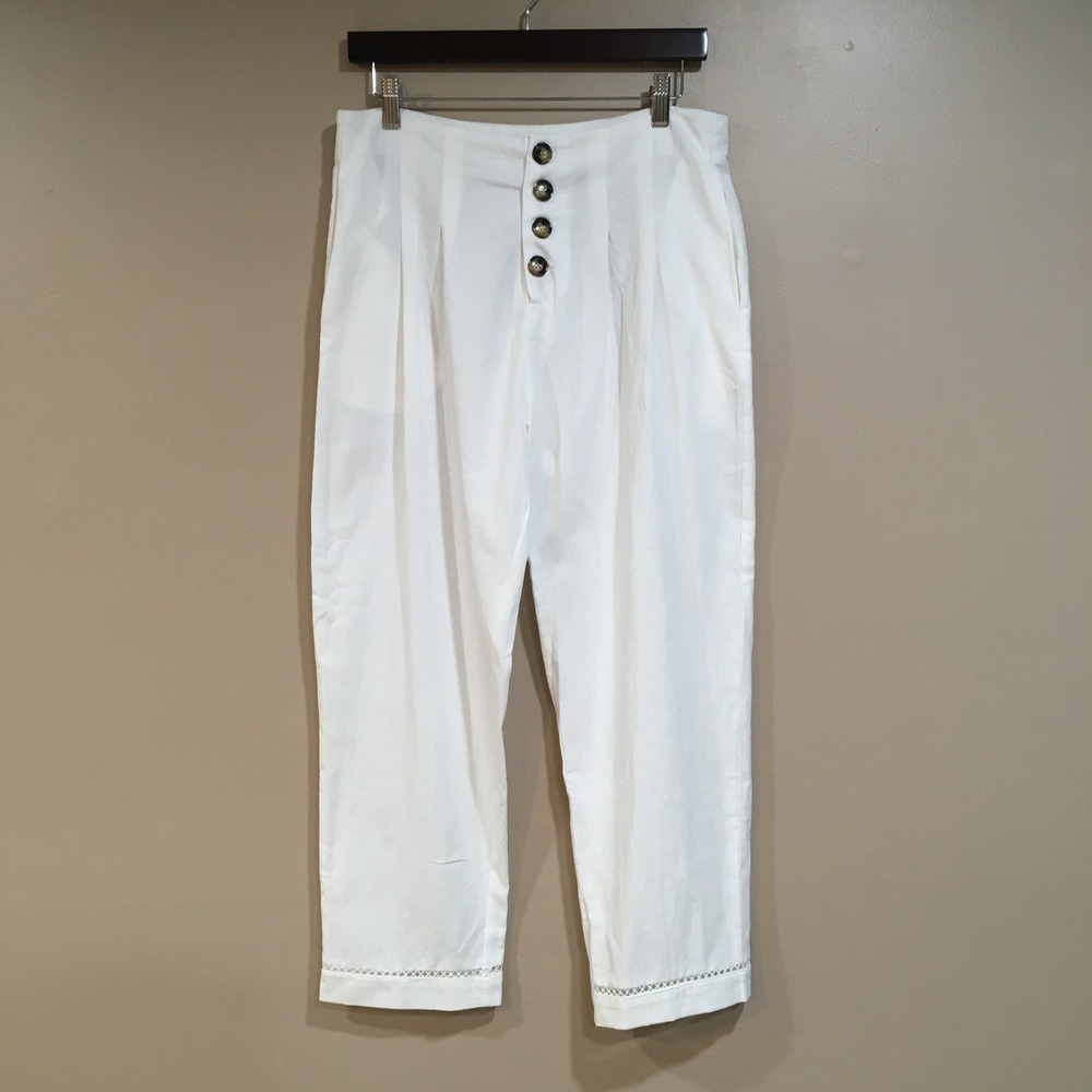 Noracora Button Front Crop Pants Womens L White Coastal Airy Beachy Linen Look